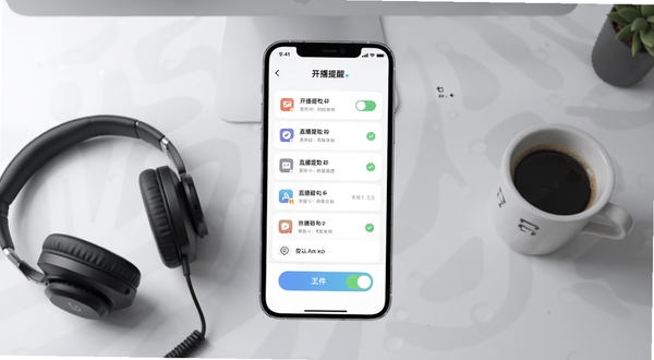 开播提醒软件主界面全貌展示,画面中央为手机屏幕,屏幕内呈现简洁的直播提醒列表与开关按钮,背景为浅灰渐变的工作台桌面,旁边放置一副耳机和一杯咖啡,整体风格清爽现代,适合软件下载站配图