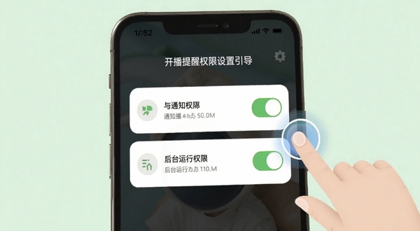 开播提醒权限设置引导页面,手机屏幕显示通知权限与后台运行权限的开关列表,旁边有手指点击的示意动作,背景为柔和的浅绿色,画面突出操作引导感