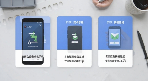 单身私聊安卓手机安装步骤示意图,画面展示手机屏幕从下载到安装完成的三个步骤卡片,背景为简洁的浅灰工作台场景,风格扁平化信息图