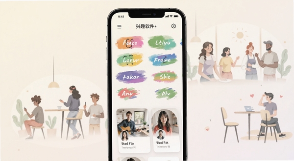 单身私聊软件兴趣标签匹配界面展示,手机屏幕内呈现多个彩色兴趣标签与推荐用户卡片,背景为浅色渐变社交场景插画,整体风格清新简洁