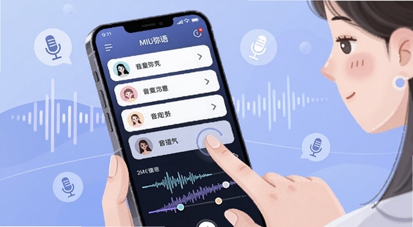 功能展示类插画,画面主体为MIU弥语变声界面,手机屏幕中显示多条音色选项与波形调节条,人物手指正在点选其中一个音色,背景为柔和的蓝紫色调,周围漂浮声波与麦克风图标,整体风格清爽现代