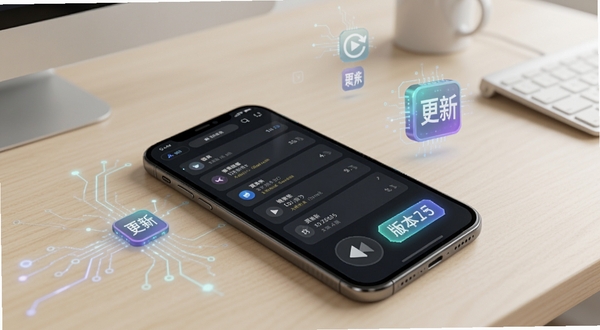 速搜视频播放器版本更新日志展示图,手机屏幕呈现更新列表与版本号标签,背景为简约的浅色办公桌面,画面带有科技感的更新图标元素,整体清晰直观,适配Boogu模型生成
