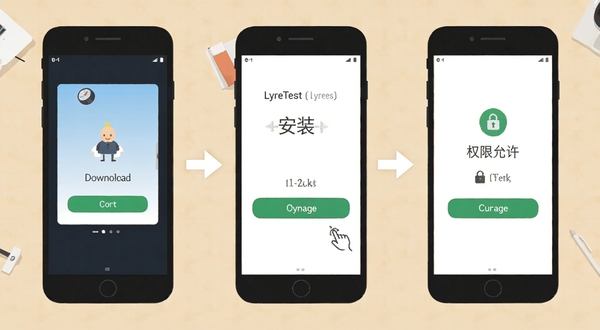 LyreTest 安装步骤示意图,画面展示手机屏幕从下载完成到点击安装再到权限允许的三个连续画面,背景为浅色桌面,配有简洁箭头引导,风格扁平化,突出操作流程的清晰易懂
