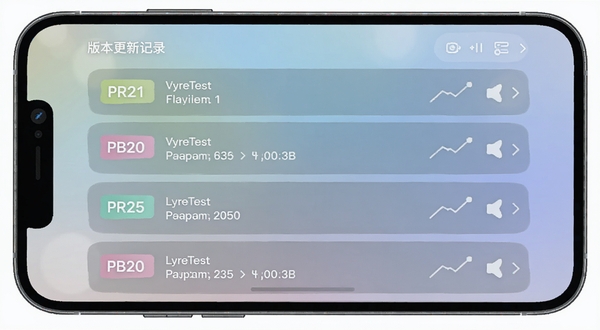 LyreTest 版本更新记录页面示意图,画面为手机屏幕展示版本日志列表,每条记录带有版本号标签与分类图标,背景为柔和浅色渐变,整体干净整洁,突出迭代更新的条理性