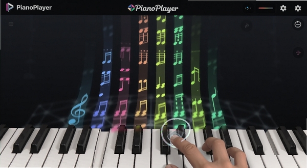 PianoPlayer曲谱引导界面特写,彩色音符条自上而下流动,钢琴键盘位于画面底部,手指正在触控琴键,界面包含PianoPlayer标识,整体为深色背景搭配高亮音符,风格科技感十足
