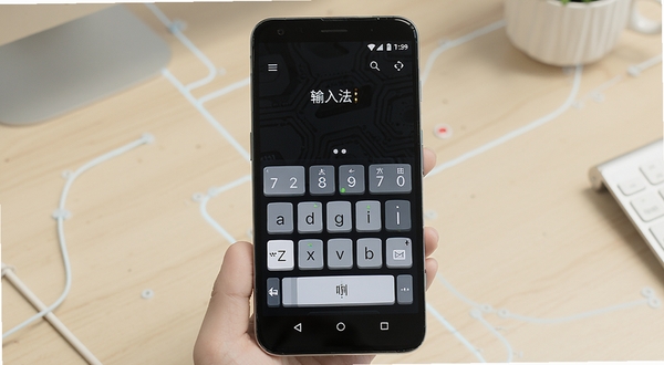 Flick行列入法 软件全貌展示图,画面中央为一部安卓手机屏幕显示行列输入法键盘界面,背景为简洁的浅色桌面环境,整体风格清爽科技感,突出输入法键位布局与中文输入场景
