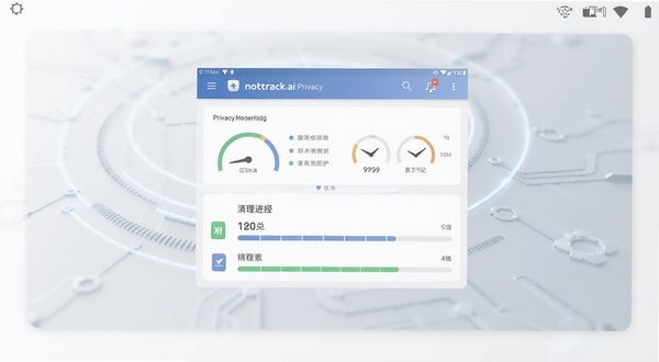 notrack.ai 安卓手机界面截图,画面中央展示隐私防护仪表盘与清理进度条,背景为浅灰渐变科技感背景,主体坐标居中偏上,四周留白,风格简洁清爽