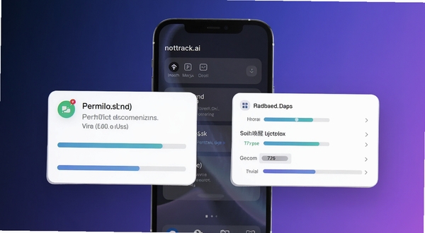 notrack.ai 功能展示图,手机屏幕中悬浮权限监控卡片与后台唤醒记录列表,画面主体为手机正视图,背景为深蓝到紫色的柔和渐变,细节突出图标与数据条,整体风格现代简约
