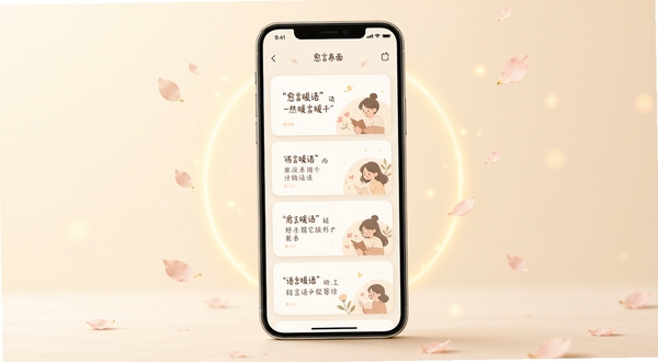 ����ů��Ӧ��������չʾ���ֻ���Ļ���з��ã�����Ϊǳ��ɫ���䣬��Ļ�ڳ��ֿ�Ƭʽ��¼�Ű�����Ͳ廭Ԫ�أ���Χ��׺ůɫ������Ʈ��Ļ��꣬�����Χ��������
