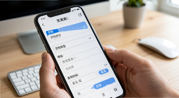 货满满货主端货源发布页面特写,手机屏幕显示货物类型选择、地址填写与发布时间设置,背景为简洁的办公桌面,突出操作便捷的产品特点