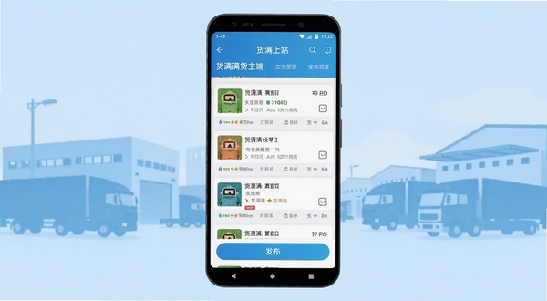 画面主体为一部竖屏安卓手机居中放置,屏幕内显示货满满货主端首页货源列表与发布按钮,背景为浅蓝色物流园区与货车剪影,整体风格清爽简洁,适合软件下载站头图展示