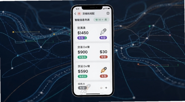 货满满货主端司机报价列表界面,手机屏幕展示多位司机报价卡片与车型标签,背景为货运信息匹配的抽象线条图案,体现智能匹配概念