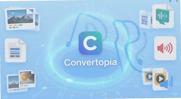 Convertopia软件启动界面展示,画面中央是简洁的软件图标与名称,背景为浅蓝色渐变科技感光晕,四周环绕图片、文档、音频等格式图标元素,整体风格清爽现代,适配Boogu模型生成