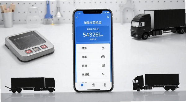 衡器宝司机版应用主界面展示,画面中央是一部竖屏智能手机,屏幕显示蓝色调的称重数据面板与功能列表,背景为简洁的浅灰色渐变工作台环境,周围点缀地磅秤台与货运卡车剪影元素,整体风格清爽现代,适配应用商店宣传图构图