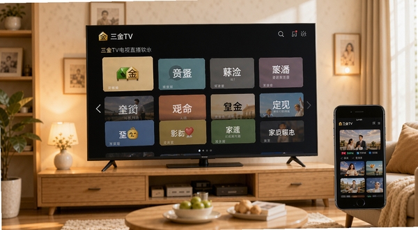 三金TV电视直播软件界面全貌展示,画面中央为频道分类卡片式布局,背景为温馨客厅环境,大屏电视与手机并排摆放,整体色调明亮清晰,突出家庭影音使用场景