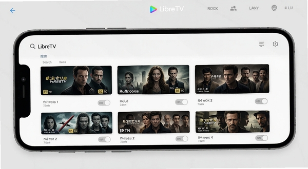 LibreTV 独立研究版多源聚合搜索界面预览图,画面展示手机屏幕上的搜索结果列表,多条不同来源的影片条目并排呈现,带有清晰度标签与线路切换按钮,背景为浅灰极简风格,细节清晰,适配Boogu模型生成