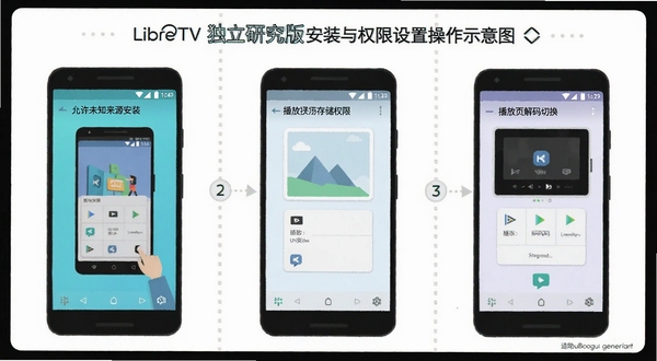 LibreTV 独立研究版安装与权限设置操作示意图,画面为安卓手机分步操作界面,依次展示允许未知来源安装、授予存储权限、播放页解码切换三个步骤,扁平化插画风格,配色清新,适配Boogu模型生成