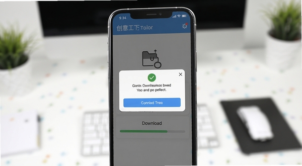 创意工坊下载器移动端操作步骤示意图,画面主体位于中央,展示手机屏幕上权限授予弹窗与下载进度界面,背景为简洁的办公桌面环境虚化,整体色调明亮清晰