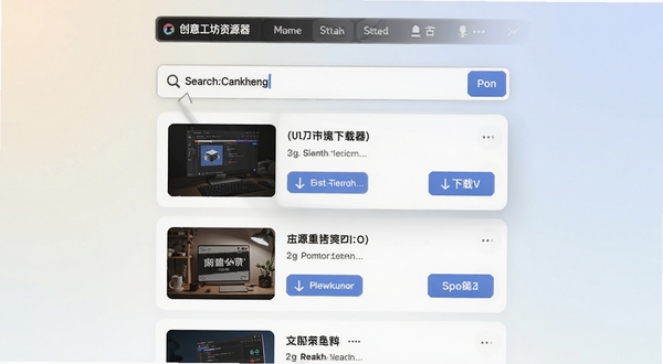 创意工坊下载器资源检索界面特写,画面主体位于画面中央,展示搜索框输入关键词后弹出的卡片式结果列表,每张卡片带有缩略图与下载按钮,背景为柔和的浅色渐变,突出工具属性与操作便捷感