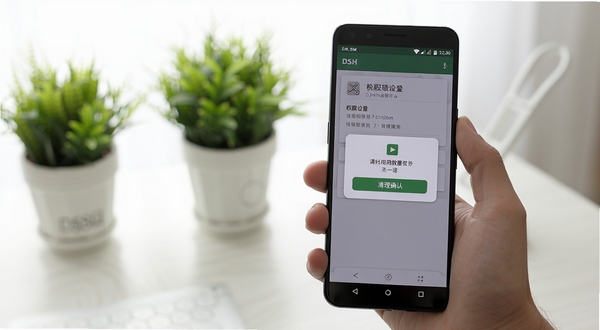 DSH Mobile 使用教程示意图,画面为一只手握持安卓手机,屏幕显示权限设置与清理确认弹窗,主体位于画面中央偏右,背景为简洁桌面与绿植虚化,光线明亮自然,风格贴近真实使用场景