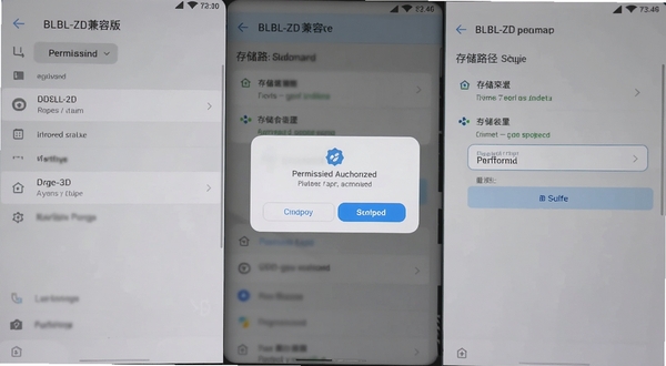 BLBL-ZD兼容版安装设置界面截图,手机屏幕展示权限授权弹窗与存储路径选择页面,背景为浅灰色系统设置风格,画面清晰展示操作步骤