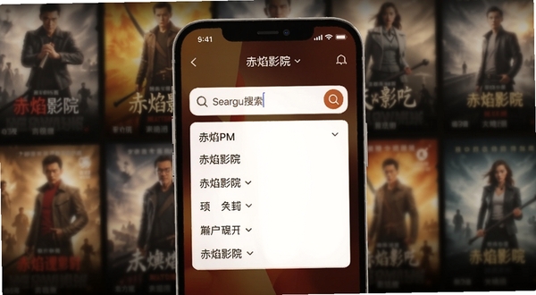 赤焰影院搜索界面特写,手机屏幕中央显示搜索输入框与下拉联想列表,背景为模糊的影视海报墙,画面色调偏暖,突出检索交互细节,适合Boogu模型生成产品功能展示图