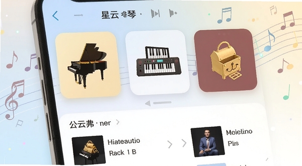 星云弹琴应用界面特写,屏幕显示多种音色选择卡片,钢琴、电子琴、八音盒图标依次排列,下方是示范曲目列表,画面以手机屏幕为主体,背景为浅色渐变与音符线条装饰,风格清新明快