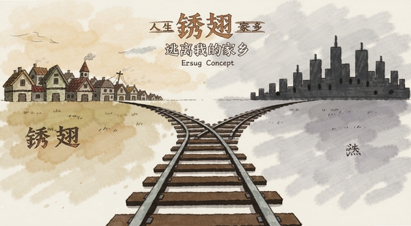锈翅 逃离我的家乡多结局选择界面概念图,画面中央是分岔的铁轨向远方延伸,两侧分别呈现小镇轮廓与未知城市剪影,手绘水彩风格,象征主角面临的人生抉择