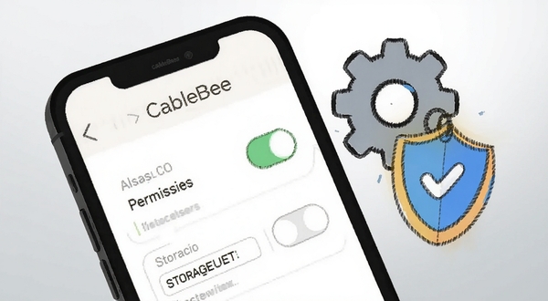 CableBee软件设置页面截图风格插画,手机屏幕显示权限开关和存储选项,旁边有齿轮图标与盾牌元素,背景为淡灰色渐变,突出权限设置主题,适配Boogu模型生成