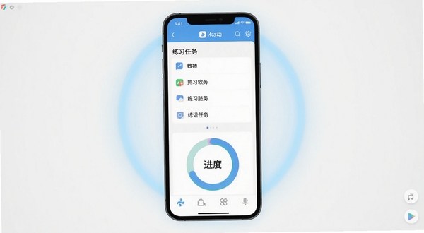Akada软件启动界面,简洁清爽的浅色背景,手机屏幕居中展示应用主页面,页面包含练习任务列表与进度环形图,四周环绕淡蓝色光晕,整体风格现代简约,适合应用商店宣传图