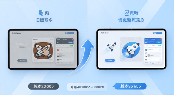 Multi Space版本更新功能对比图,画面为左右分栏设计,左侧为旧版界面标注卡顿图标,右侧为新版界面标注流畅图标,中间用向上箭头连接,背景为浅蓝渐变,底部有版本号标签,整体呈现升级优化的视觉感受