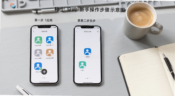 Multi Space新手操作步骤示意图,画面为手机屏幕分步展示:第一步点击加号选择应用,第二步生成分身图标,第三步长按管理分身,背景为浅灰色工作台面,手机旁放置一杯咖啡和笔记本,营造轻松的学习使用氛围