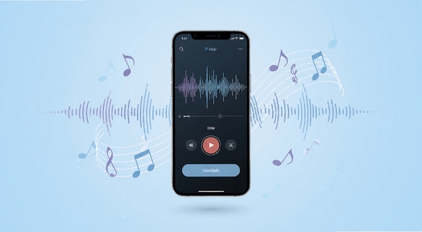 VoiceStudio语音创作工具主界面全貌展示,画面中央为手机屏幕悬浮于浅蓝色渐变背景之上,屏幕内呈现录音波形与功能按钮,四周环绕音符与声波线条装饰,整体风格清爽现代,适合软件下载站配图