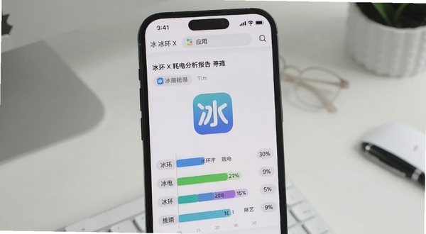冰环 X 耗电分析报告页面,手机屏幕显示应用耗电排行条形图与百分比标签,背景为浅灰白色办公桌面场景,画面整洁商务风,突出冰环 X 软件图标,适配 Boogu 模型生成
