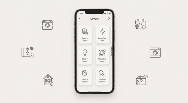 Levyra软件主界面清爽布局展示图,浅色背景,手机屏幕中央显示工具功能卡片列表,周围点缀简洁线条图标,整体风格干净利落