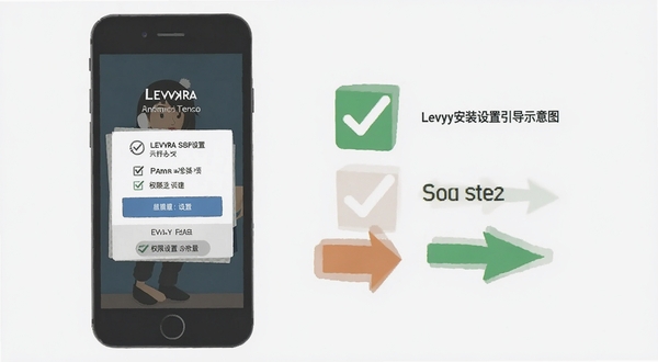 Levyra安装设置引导界面示意图,手机屏幕展示权限授予步骤,旁边配有勾选和箭头指引元素,风格扁平化