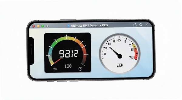 Ultimate EMF Detector PRO 软件主界面全貌展示,手机屏幕中央显示电磁场强度数字读数与模拟表盘,背景为浅色渐变,画面主体位于正中,四周留白柔和