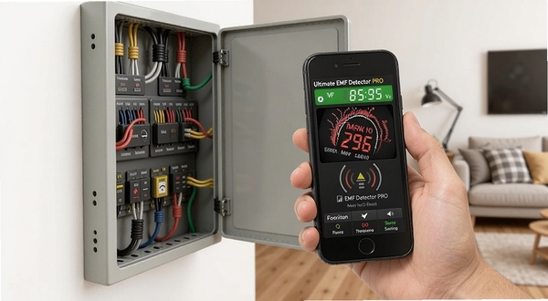 Ultimate EMF Detector PRO 使用场景示意图,手持手机在配电箱附近检测,屏幕显示磁场数值升高,画面主体为手机与手部,背景为家居环境
