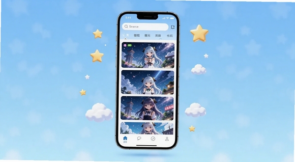 壁纸次元应用主界面全貌展示,画面中央为手机屏幕悬浮于浅蓝色渐变背景之上,屏幕内呈现二次元风格壁纸瀑布流布局,顶部有搜索框与分类标签,四周点缀星星与云朵装饰元素,整体风格清新明亮,适配Boogu模型生成