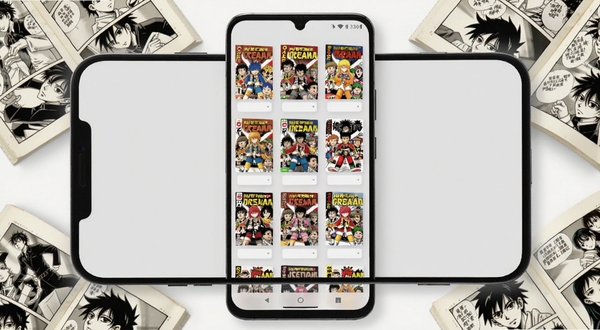漫画阅读器安卓手机界面展示,主屏幕中央为整齐排列的漫画书架网格,封面色彩丰富,背景为浅灰色简约风格,手机周围有翻开的纸质漫画书作为装饰元素,整体画面明亮清晰,适合软件下载站配图