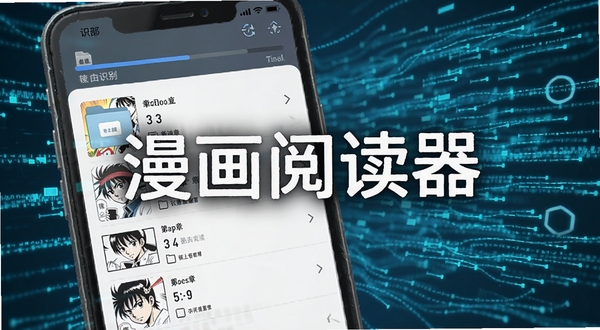 漫画阅读器智能扫描界面,手机屏幕显示文件夹扫描进度条和识别出的漫画章节列表,背景为科技感浅蓝色数据流线条,画面中央突出软件名称漫画阅读器