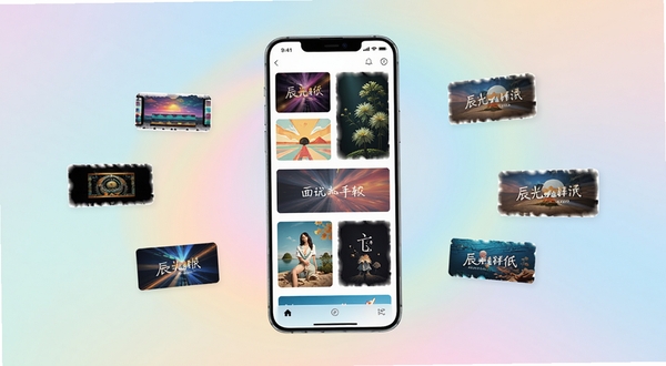 辰光壁纸软件全貌展示,画面中央是一部智能手机屏幕显示着色彩斑斓的壁纸瀑布流界面,背景为柔和的渐变光晕与漂浮的壁纸缩略图卡片,整体风格清新明亮,突出壁纸资源丰富与界面简洁的特点