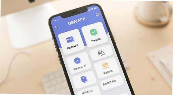 整体展示DSAIAPP软件主界面与功能模块布局,画面中心为手机屏幕特写,屏幕内呈现简洁卡片式功能入口,背景为浅色渐变桌面环境,光线柔和,风格现代扁平化,突出软件名称DSAIAPP标识