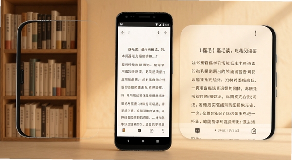 磊毛阅读 安卓手机阅读界面 书架与阅读页 极简风格 暖色背景 书本排列整齐 柔和光线 高清细节