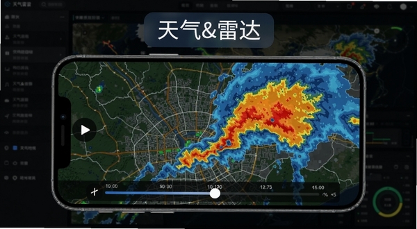 天气&雷达实时雷达回波功能展示图,画面中央为手机屏幕显示彩色雷达图,红黄蓝三色色块覆盖城市地图,屏幕边缘有播放按钮与时间轴滑块,背景为深色气象监测界面风格,软件名称天气&雷达悬浮于画面顶部