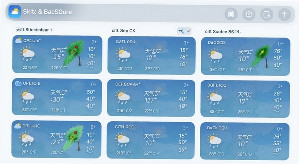 天气&雷达 多城市天气管理卡片列表,多个城市天气信息整齐排列,界面清爽