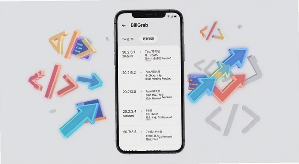 BiliGrab软件版本更新日志界面截图,展示多个版本号与更新条目列表,背景为浅灰色简洁风格,手机屏幕居中,周围有抽象的代码符号和版本迭代箭头装饰