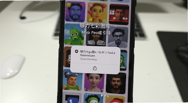 够力七彩图库安装完成后的引导界面,手机屏幕显示权限请求弹窗与彩色图库缩略图背景,画面主体为手机正面视角,背景为简洁桌面,风格写实清晰,适配Boogu模型生成