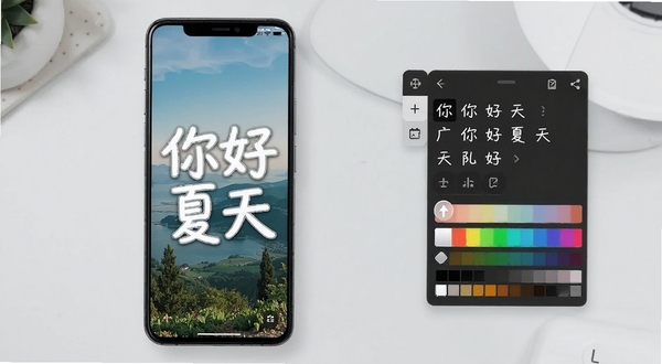 一款安卓手机图片编辑加字软件的主界面展示,画面中央偏左位置是一部竖屏手机,手机屏幕上显示一张风景照片,照片中央叠加了白色描边的中文艺术字“你好夏天”,手机右侧悬浮着字体选择面板和颜色调色板,背景为浅灰色极简桌面环境,整体风格清爽现代,突出图片编辑加字软件的核心操作界面