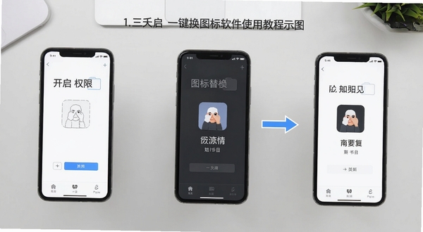 一键换图标软件使用教程示意图,手机屏幕分步骤展示权限开启与图标替换流程,画面构图清晰,背景为浅灰桌面,风格简洁实用